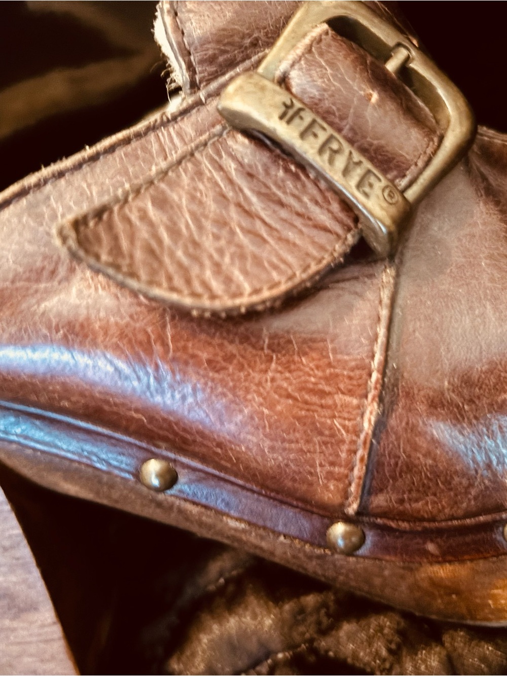 Frye Brown Leather Studded Clog Mule with Branded Buckle - Picture 3 of 3